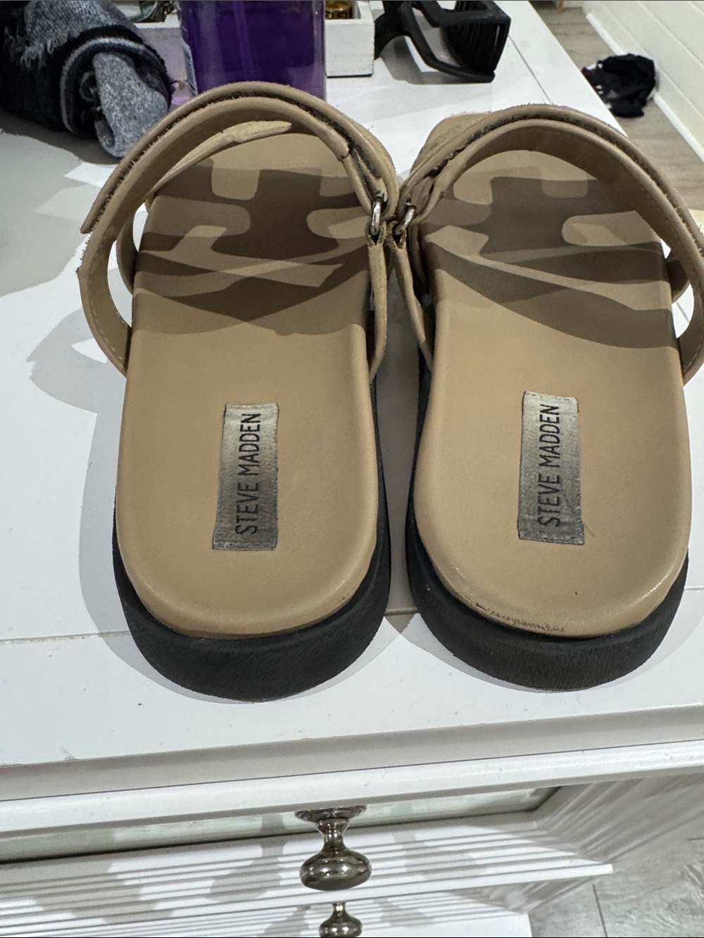 Steve Madden Olive Tan Suede Double-Strap Slide Sandals US - Picture 3 of 4